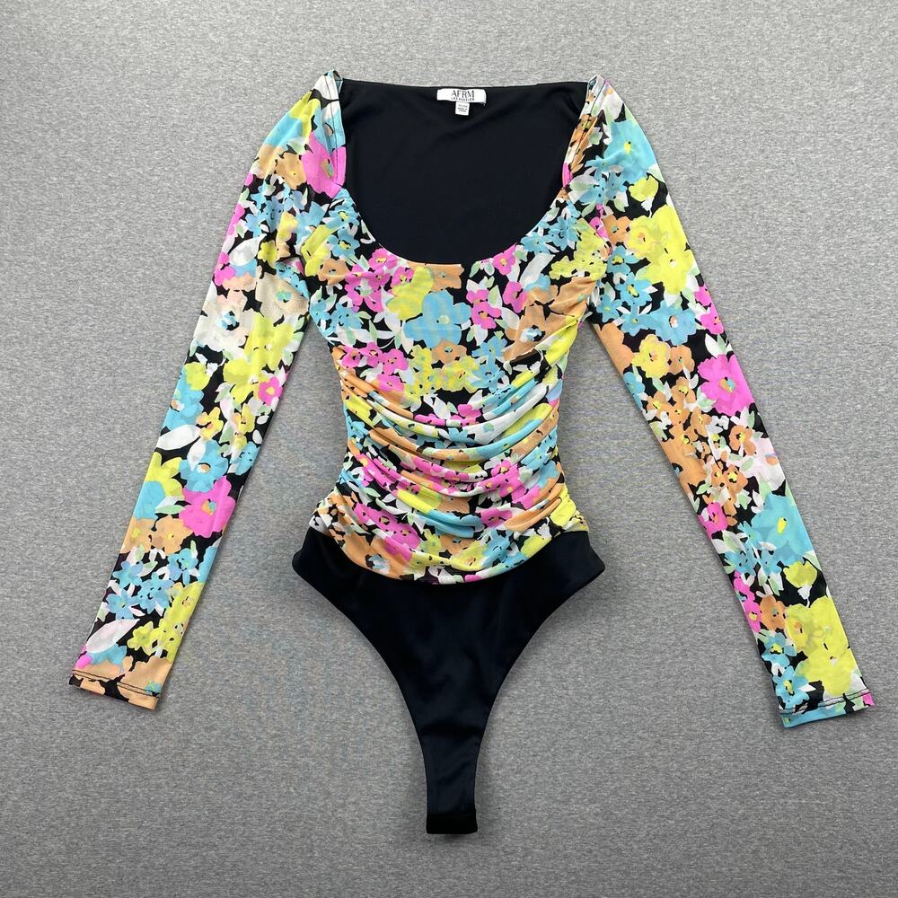 AFRM Bodysuit Womens XS Bright Floral Mesh Ruched Long Sleeve Retro Preppy Rave